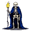 Standing skeleton robed in a dark blue cloak, holding a staff with a flickering golden flame.