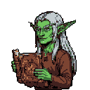 Elf with green skin and white hair holds an ornate, weathered book.