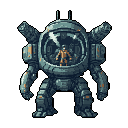 A heavily armored bipedal mech suit with a transparent spherical cockpit containing a pilot in an orange jumpsuit. The mech is predominantly blue-gray and teal with rust-colored accents, featuring shoulder-mounted weapon pods and antennae.