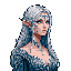 Bust shot of an elven woman with long, flowing silver hair, pointed ears, and a delicate headpiece. She wears a dark, embellished garment.