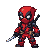 Deadpool in a dynamic pose, mid-dance and mid-attack with his swords.