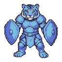 A blue tiger warrior in segmented armor holds two shields, standing in a subtle, vigilant idle stance with eyes closed.