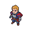 A knight in blue and red armor walks forward with blond hair and a slight smile.