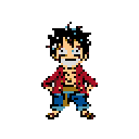 Pixelated character, resembling Monkey D. Luffy, stands confidently with hands on hips, wearing a red unbuttoned shirt, blue pants, and a tan belt.