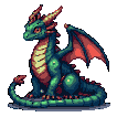 Emerald-scaled dragon with coral-red wings, golden eyes, and small horns, in a watchful, still pose.