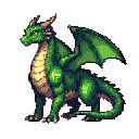 A majestic green dragon in a resting pose, head held high and turned left, with pale yellow underbelly and horns, against a black background.