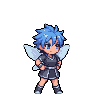 Anime pixie with vibrant blue hair and translucent wings, wearing a dark outfit with silver accents.