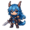Blue-haired warrior with horns and bushy tail, in fighting stance with sword, wearing dark metal and blue armor.