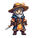 A stout, older male character with a bushy white mustache and beard wears a red tunic, blue shoulder pads, and a brown hat with a feather. He stands holding a dagger in his right hand.