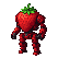 A strawberry-headed robot dances with stiff, segmented limbs.