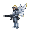 A futuristic angel in silver armor with white wings holds a rifle, a subtle halo above their helmeted head.