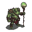 Hulking green-skinned orc shaman in dark, skull-adorned armor, raising a hand and gripping a staff topped with a glowing spectral skull, channeling a buff spell.