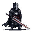 Knight in full plate armor with a white cross on chest, holding a broadsword diagonally.