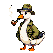A goose in a trench coat and fedora, holding a smoking pipe.