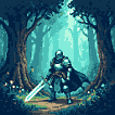 Knight with a glowing cyan sword stands in a dark blue and teal forest.