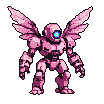 A pastel pink pixie mech with translucent, fluttering wings and a glowing blue eye.