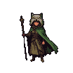 A cloaked figure with an animal-eared mask stands holding a staff, subtly swaying and adjusting their grip.