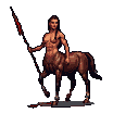 Female centaur warrior with chestnut horse body, gripping a blood-red spear, poised for action.