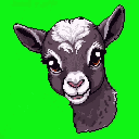 Head and upper neck of a young goat with large, expressive dark eyes and a white patch on its forehead, set against a vibrant neon green background.