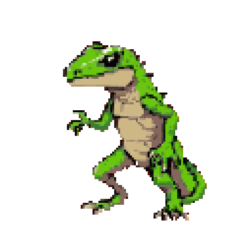 A stylized green lizard standing upright on hind legs, with one arm raised.