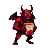 Crimson-skinned demon with horns and leathery wings slurping tomato juice from a carton.