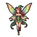 Ethereal fairy in flight, with translucent yellow and green wings, wearing a green hat and leaf-like attire, against a muted reddish-brown background.