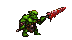 Green-skinned orc performs a rapid, up-and-down spear thrust attack with a blood-red spear.