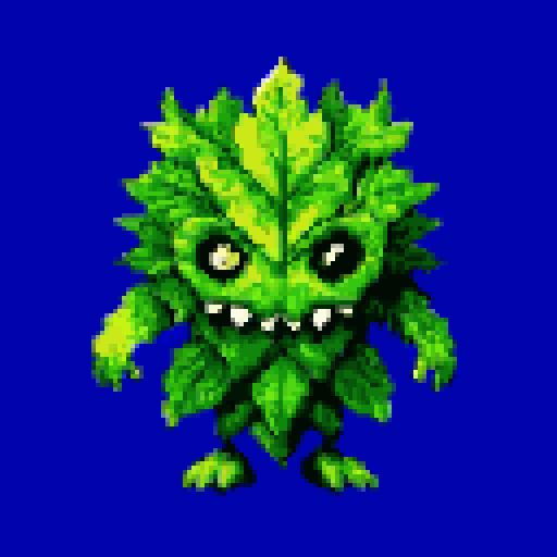 A green leaf creature with wide eyes and jagged teeth stands centrally, arms outstretched, against a solid blue background.