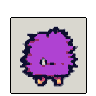 Small, fluffy purple creature with two beige feet and one white eye.