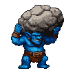 A blue-skinned troll with muscular arms raised struggles to balance a giant, jagged boulder on its head, lumbering forward with bent legs.