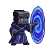 A wizard with a cube-shaped head and blue eyes conjures a swirling blue and purple portal.