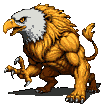 A griffin with an eagle's head and a lion's body, in a fighting stance with talons extended and fierce yellow eyes.