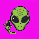 Stylized green alien head with large dark eyes and a three-fingered hand waving, set against a vibrant magenta background.