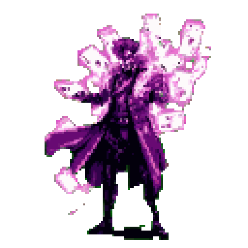 Stylized character in purple and black, with hands outstretched, surrounded by floating rectangular objects against a bright green background.