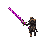 A lone armored warrior stands with a glowing purple and pink sword held forward.