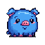 A blue, plump, round pig-like creature with large black eyes, pink blush marks, and a pink snout stands front-facing against a dark gray background.