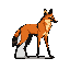 A quadrupedal animal, resembling a maned wolf, stands facing right with its head turned slightly forward and upward. It is rendered in a pixelated style with shades of brown, orange, black, and grey.