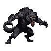 Menacing werewolf lunging right with extended claws and snarling jaws, yellow eyes gleaming.