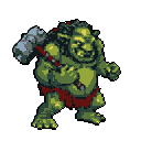 Brutish green-skinned creature with a wide grin, large yellow teeth, and pointed ears, holding a massive warhammer over its shoulder. It wears a tattered red loincloth.