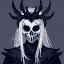 Bust of a character wearing a white skeletal mask with a gaping maw, dark spiky crown, and white cascading hair.