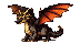 A dark dragon with amber wings breathes a torrent of orange fire.
