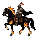 Knight in dark, fiery armor rides a black horse engulfed in mystical flames against a grey background.