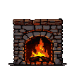 Crackling fire in a rustic stone fireplace, casting a warm orange and yellow glow.