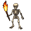 Skeleton holding a blazing torch aloft in a dark, pixelated environment.