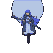 A solitary figure in blue and white robes, with long hair and a staff, stands in a gentle breeze, silhouetted against an ethereal glow.