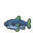 A blue-grey shark with green fins, an orange and white clownfish, two golden goldfish, and a coiled grey snake, all rendered as pixel art sprites.