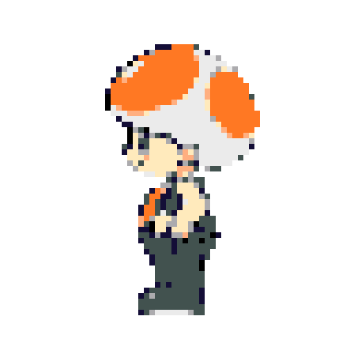 Toad from Mario, standing, facing left, with a white mushroom cap with orange spots, orange vest, and black pants.