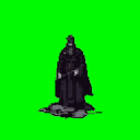 Tall, imposing figure in dark, heavy clothing, facing slightly left against a bright green background.
