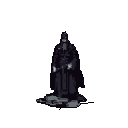 A lone figure in a dark coat and hat, holding a horizontal object, stands on a patch of grey ground against a solid dark grey background.