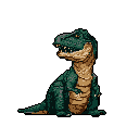 A pixelated Tyrannosaurus Rex sits with its hind legs tucked and tail resting on the ground. It has a large head, short forelimbs, and its mouth is slightly open, showing sharp teeth. The dinosaur is colored in muted greens and beige with brown and dark green shading.